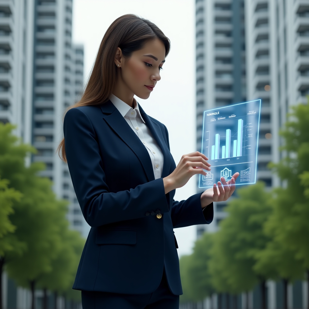 (Ultra-realistic condominium manager in a navy blue tailored suit, set in a modern luxury condominium environment with high-rise buildings and lush green landscaping, close-up shot of her analyzing a floating holographic financial dashboard showing charts of fixed vs variable costs and a reserve fund icon, cinematic lighting, shallow depth of field, highly detailed textures, realistic skin, photographic realism, 8k resolution --ar 1:1 --v 6)