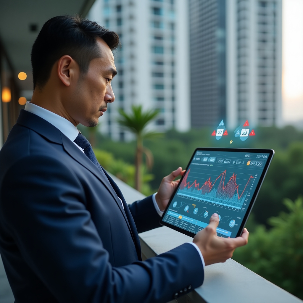 Ultra-realistic condominium manager in a navy blue executive suit, set in a modern luxury condominium environment with high-rise buildings and lush green landscaping, medium close-up of a serious, focused manager examining a holographic financial dashboard with red downward trending graphs and invoice icons, floating warning triangles symbolizing expense errors, cinematic lighting, shallow depth of field, highly detailed textures, realistic skin, photographic realism, 8k resolution --ar 1:1 --v 6