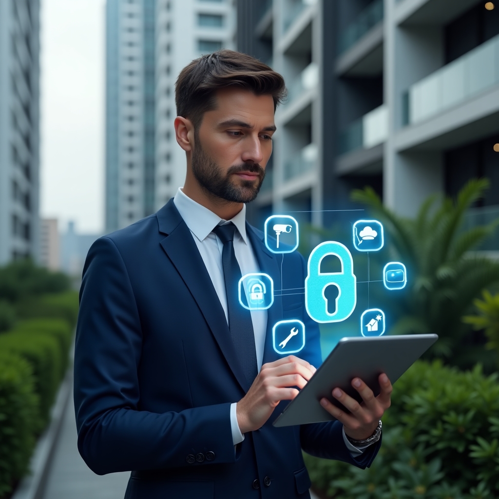 (Ultra-realistic condominium manager in a navy blue suit, set in a modern luxury condominium environment with high-rise buildings and lush green landscaping, analyzing a holographic security interface projected above a tablet with floating icons of a padlock, CCTV camera, maintenance wrench, chat bubble and cloud analytics, confident and focused expression, cinematic lighting, shallow depth of field, highly detailed textures, realistic skin, photographic realism, 8k resolution --ar 1:1 --v 6)