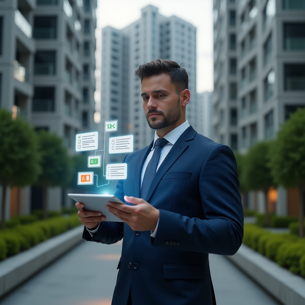 (Ultra-realistic condominium manager in a navy blue suit, set in a modern luxury condominium environment with high-rise buildings and manicured green landscaping, medium shot of a confident and focused manager holding a tablet displaying floating holographic notifications, chat bubbles, and a checklist icon, cinematic lighting, shallow depth of field, highly detailed textures, realistic skin, photographic realism, 8k resolution --ar 1:1 --v 6)