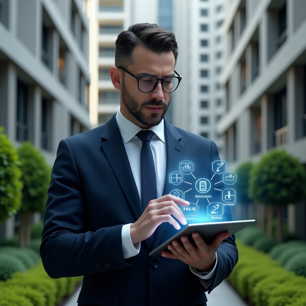 (Ultra-realistic condominium manager in a tailored navy suit, set in a modern luxury condominium environment with high-rise buildings and lush green landscaping, mid-shot holding a digital tablet displaying holographic icons for communication, finance, maintenance, document control and planning—with error symbols crossed out—confidently swiping through dashboards, cinematic lighting, shallow depth of field, highly detailed textures, realistic skin, photographic realism, 8k resolution --ar 1:1 --v 6)