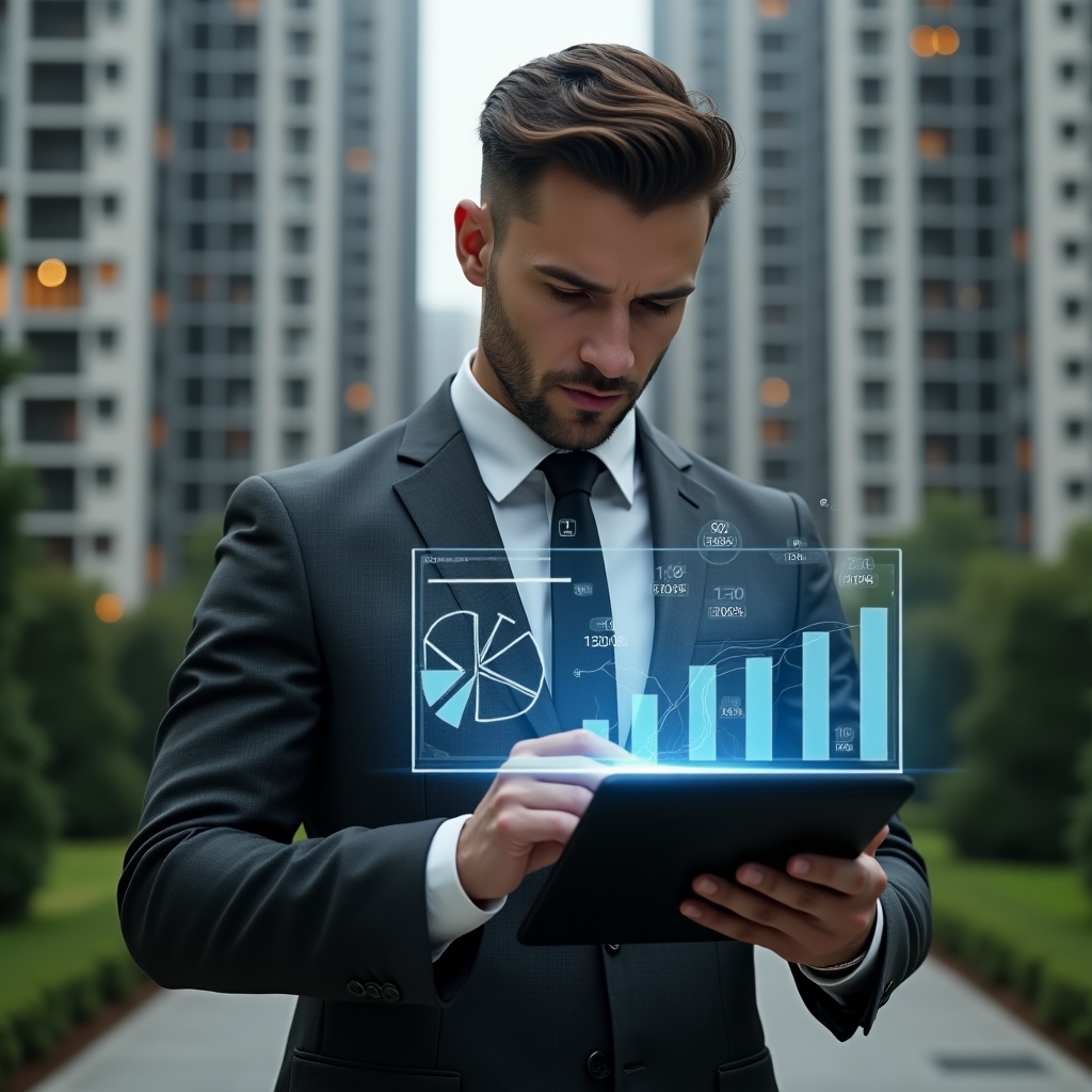 Ultra-realistic condominium manager in a dark gray suit, set in a modern luxury condominium environment with high-rise buildings and manicured gardens, examining a holographic pie chart and fractional calculation symbols hovering above a tablet, thoughtful and confident expression, cinematic lighting, shallow depth of field, highly detailed textures, realistic skin, photographic realism, 8k resolution --ar 1:1 --v 6