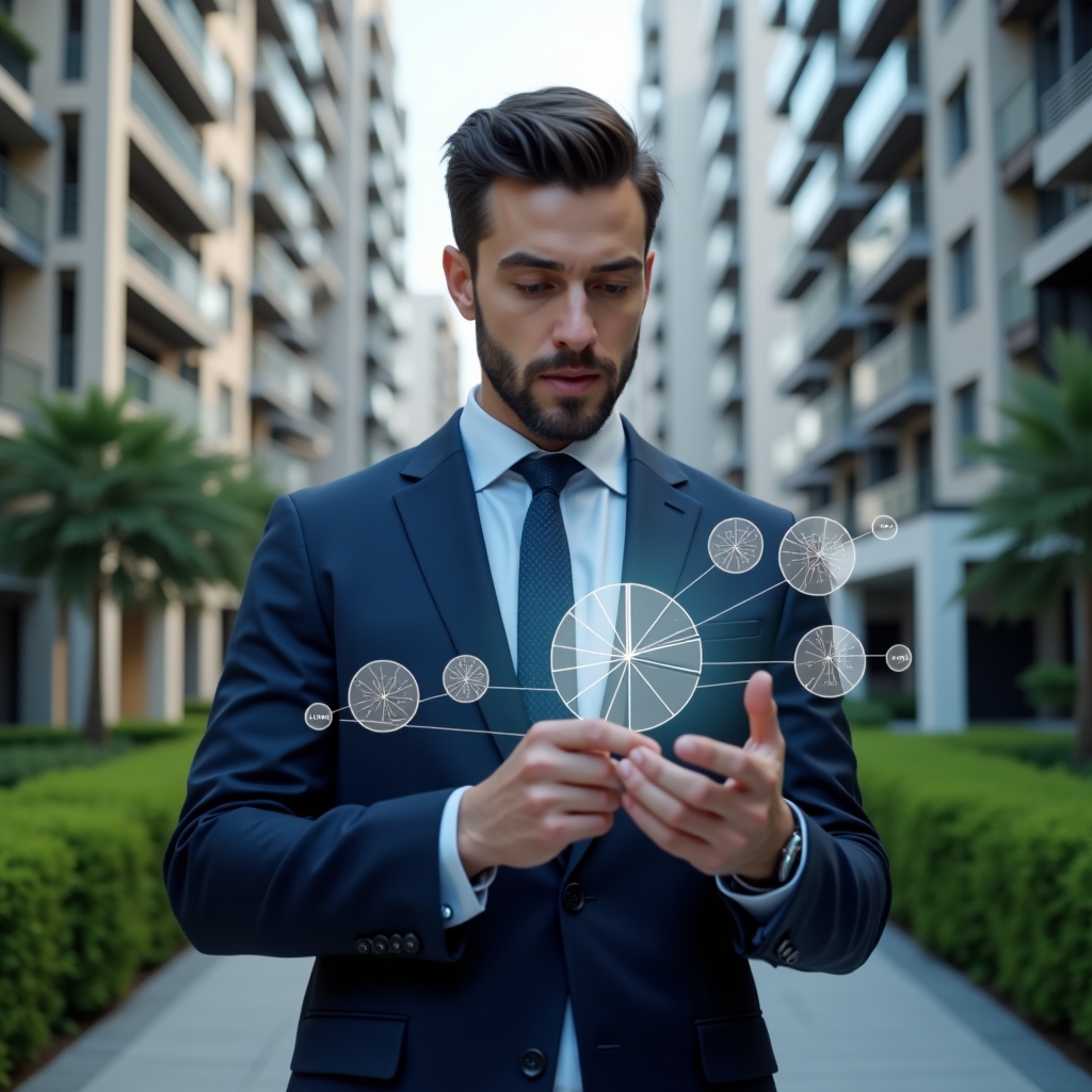 (Ultra-realistic condominium manager in a tailored navy blue suit, set in a modern luxury condominium environment with high-rise buildings and lush green landscaping, examining holographic fractional pie charts and digital floor plans with percentage markers, confident and focused expression, cinematic lighting, shallow depth of field, highly detailed textures, realistic skin, photographic realism, 8k resolution --ar 1:1 --v 6)