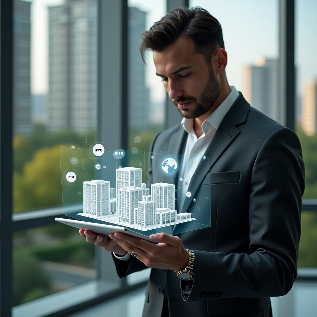 Ultra-realistic condominium manager in a charcoal gray suit, set in a modern luxury condominium environment with high-rise buildings and meticulously landscaped greenery, medium shot of a focused professional analyzing a tablet displaying a holographic 3D building model sliced into fractional segments and floating IPTU icons, cinematic lighting, shallow depth of field, highly detailed textures, realistic skin, photographic realism, 8k resolution --ar 1:1 --v 6