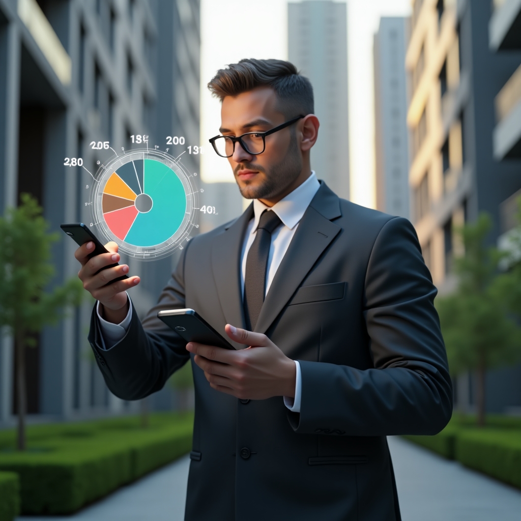 (Ultra-realistic condominium manager in a charcoal suit, set in a modern luxury condominium environment with high-rise buildings and manicured green landscaping, confidently analyzing a floating holographic pie chart showing **fração ideal** vote weights, holding a smartphone displaying a sleek **aplicativo para condomínio** voting dashboard, cinematic lighting, shallow depth of field, highly detailed textures, realistic skin, photographic realism, 8k resolution --ar 1:1 --v 6)