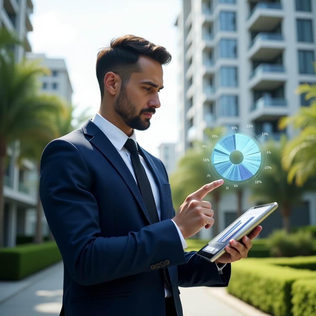 (Ultra-realistic property manager in a navy blue tailored suit, set in a modern luxury condominium environment with high-rise buildings and manicured green landscaping, mid-shot with shallow depth of field, examining a holographic floating pie chart and percentage symbols that represent the ideal fraction, pointing at a digital tablet displaying financial graphs, confident and analytical expression, cinematic lighting, highly detailed textures, realistic skin, photographic realism, 8k resolution --ar 1:1 --v 6)