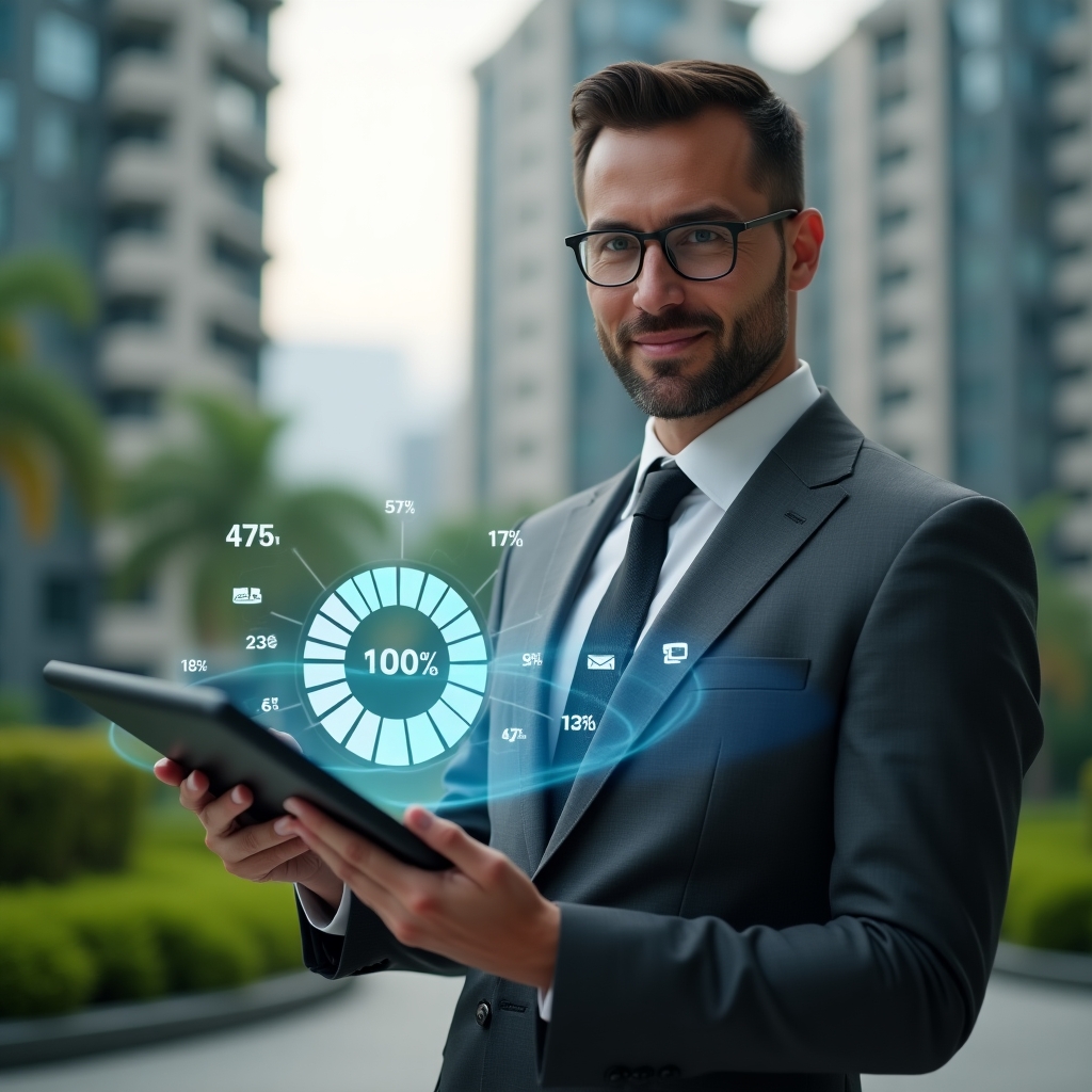 Ultra-realistic condominium manager in a tailored charcoal gray suit, set in a modern luxury condominium environment with high-rise buildings and lush green landscaping, confidently holding a sleek tablet projecting a holographic pie chart and percentage icons representing ideal fraction calculation, cinematic lighting, shallow depth of field, highly detailed textures, realistic skin, photographic realism, 8k resolution --ar 1:1 --v 6