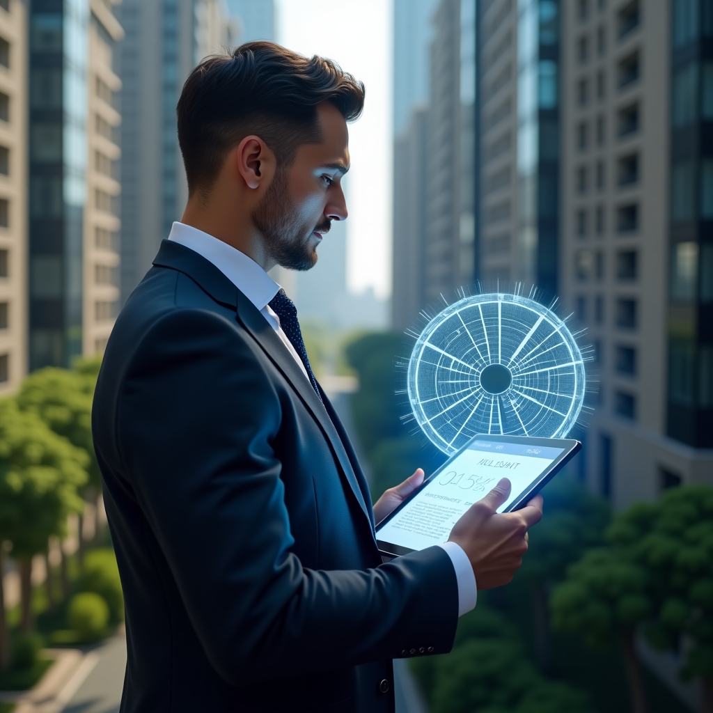 Ultra-realistic condominium manager in a navy blue suit, set in a modern luxury condominium environment with high-rise buildings and green landscaping, confidently reviewing a holographic floor plan on a digital tablet, floating holographic pie chart showing percentage divisions of fractions, cinematic lighting, shallow depth of field, highly detailed textures, realistic skin, photographic realism, 8k resolution --ar 1:1 --v 6