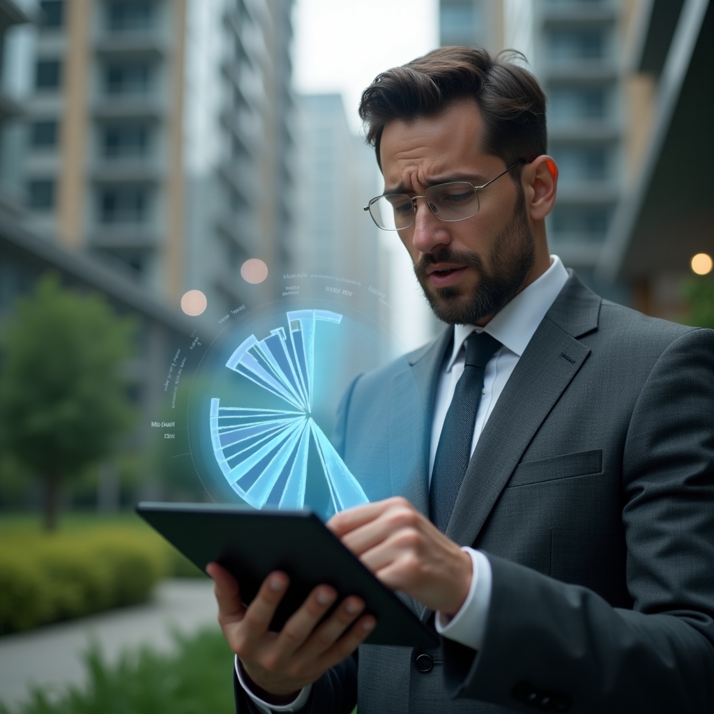 Ultra-realistic condominium manager in a charcoal gray executive suit, set in a modern luxury condominium environment with high-rise buildings and green landscaping, close-up shot of a concerned manager reviewing a holographic broken pie chart representing miscalculated shares floating above a tablet, cinematic lighting, shallow depth of field, highly detailed textures, realistic skin, photographic realism, 8k resolution --ar 1:1 --v 6