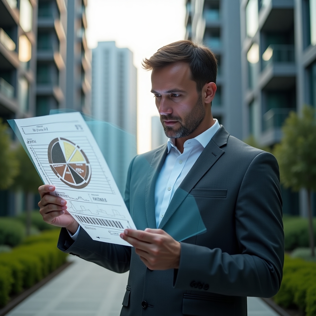 (Ultra-realistic condominium manager in a charcoal gray suit, set in a modern luxury condominium environment with high-rise buildings and manicured green landscaping, inspecting a 3D holographic blueprint displaying fractional unit ratios and a glowing pie-chart overlay, confident and focused expression, cinematic lighting, shallow depth of field, highly detailed textures, realistic skin, photographic realism, 8k resolution --ar 1:1 --v 6)
