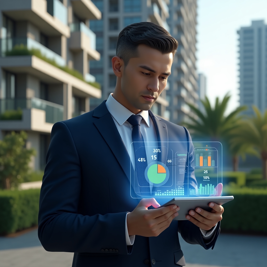 Ultra-realistic condominium manager in a navy blue suit, set in a modern luxury condominium environment with high-rise buildings and green landscaping, holding a digital tablet displaying a holographic pie chart and floor plan with percentage labels, analyzing fractional percentages with a confident expression, cinematic lighting, shallow depth of field, highly detailed textures, realistic skin, photographic realism, 8k resolution --ar 1:1 --v 6