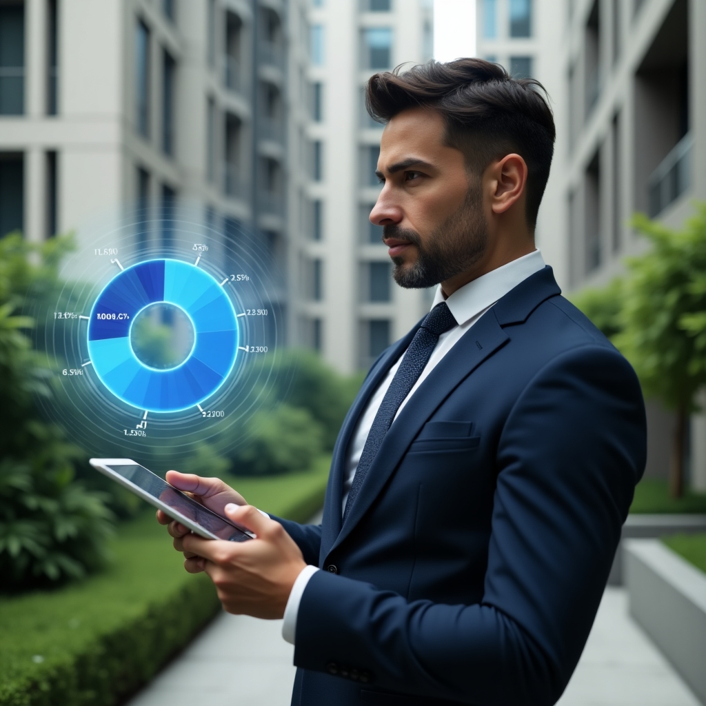 (Ultra-realistic condominium manager in a tailored navy suit, medium shot with focus on the character, set in a modern luxury condominium environment with high-rise buildings and lush green landscaping, holding a digital tablet and analyzing a floating holographic pie chart representing a reserve fund, confident and focused expression, cinematic lighting, shallow depth of field, highly detailed textures, realistic skin, photographic realism, 8k resolution --ar 1:1 --v 6)