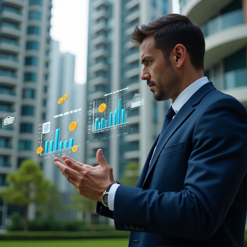Ultra-realistic professional condominium manager in a navy blue suit, set in a modern luxury condominium environment with high-rise buildings and lush green landscaping, medium shot of them analyzing floating holographic financial charts and icons of coins and ledgers representing ordinary vs. extraordinary expenses, looking confident and thoughtful, cinematic lighting, shallow depth of field, highly detailed textures, realistic skin, photographic realism, 8k resolution --ar 1:1 --v 6