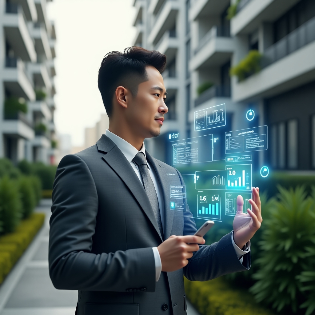 (Ultra-realistic property manager in a charcoal gray suit, set in a modern luxury condominium environment with high-rise buildings and lush green landscaping, confidently interacting with a holographic dashboard displaying maintenance schedules, financial graphs and process checklists, a floating smartphone icon representing an aplicativo para condomínio visible nearby, cinematic lighting, shallow depth of field, highly detailed textures, realistic skin, photographic realism, 8k resolution --ar 1:1 --v 6)