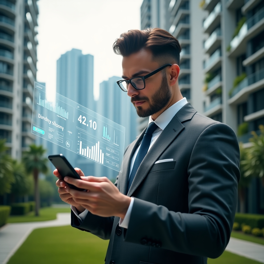 (Ultra-realistic condominium manager in a charcoal gray suit, set in a modern luxury condominium environment with high-rise buildings and manicured green landscaping, examining a holographic dashboard of payment charts projected above a smartphone in his hand, floating icons of invoices and notifications around him, confident and focused expression, cinematic lighting, shallow depth of field, highly detailed textures, realistic skin, photographic realism, 8k resolution --ar 1:1 --v 6)
