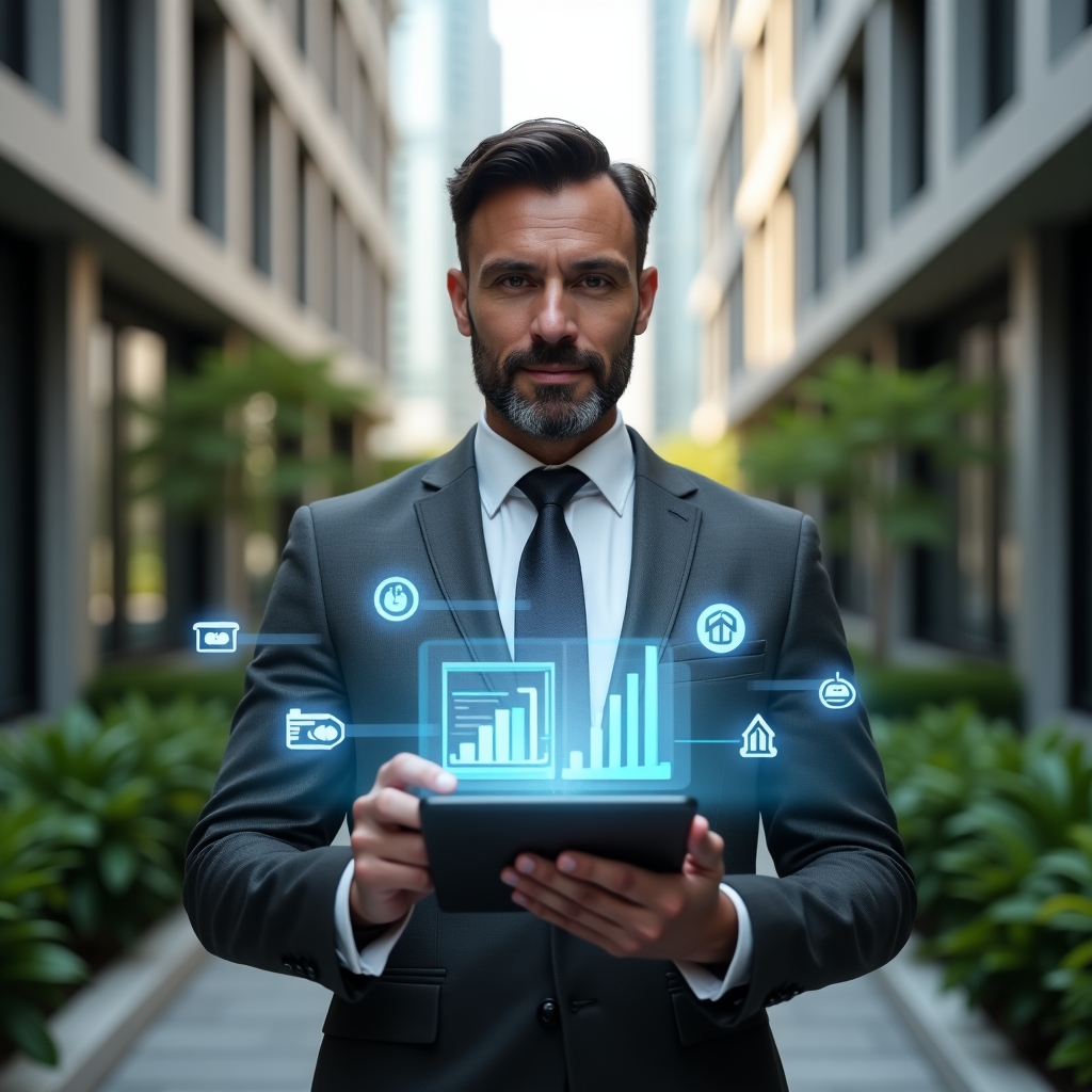 (Ultra-realistic condominium property manager in a charcoal gray suit, set in a modern luxury condominium environment with high-rise buildings and meticulously manicured greenery, holding a tablet projecting holographic financial charts, digital voting interface, and live chat bubbles, surrounded by floating icons representing invoices, ballots, and messages, confident and focused expression, cinematic lighting, shallow depth of field, highly detailed textures, realistic skin, photographic realism, 8k resolution --ar 1:1 --v 6)