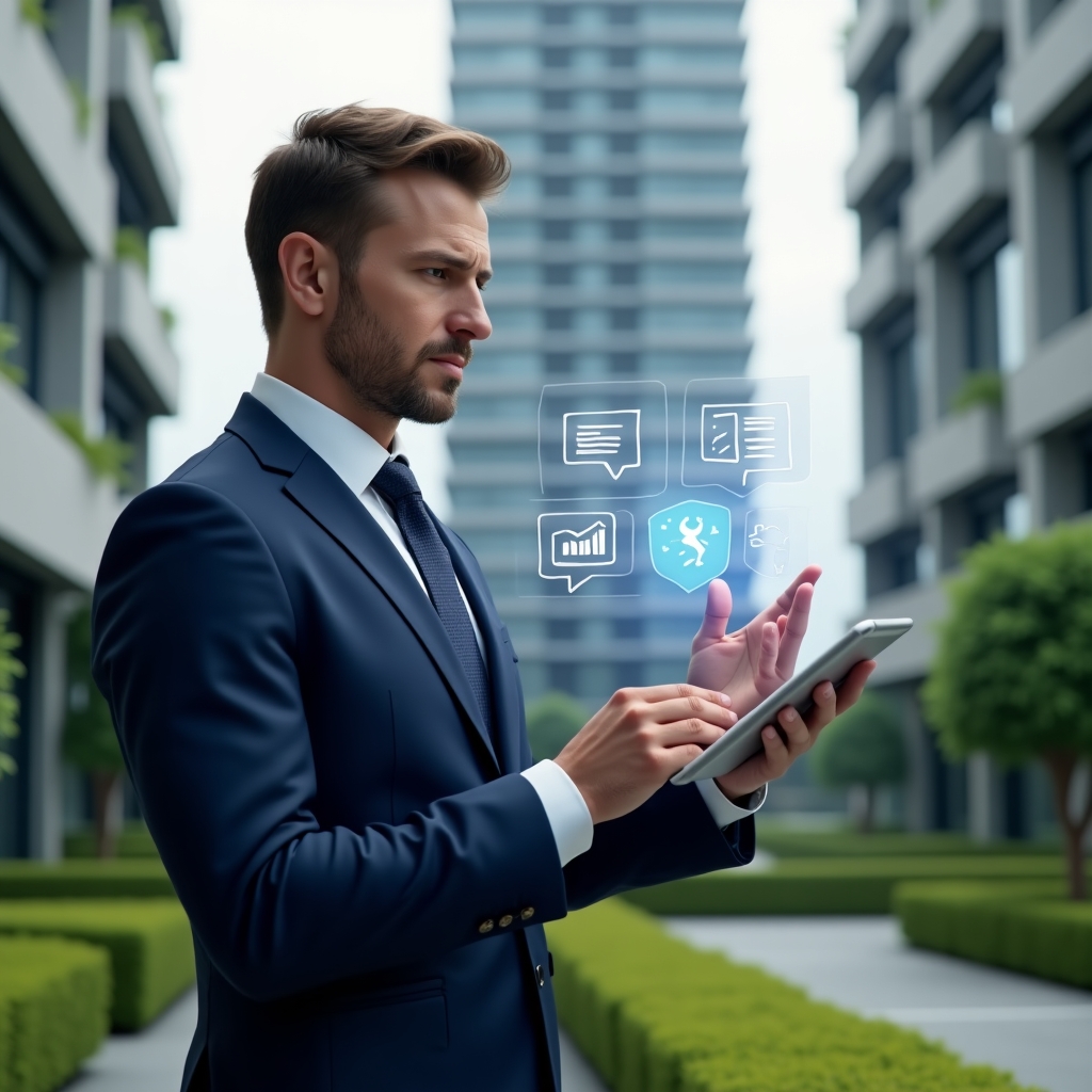 (Ultra-realistic condominium manager in a navy blue executive suit, set in a modern luxury condominium environment with high-rise buildings and manicured green landscaping, holding a tablet and gesturing toward holographic icons of financial charts, a wrench and speech bubbles representing finance, maintenance and communication, confident and focused expression, cinematic lighting, shallow depth of field, highly detailed textures, realistic skin, photographic realism, 8k resolution --ar 1:1 --v 6)