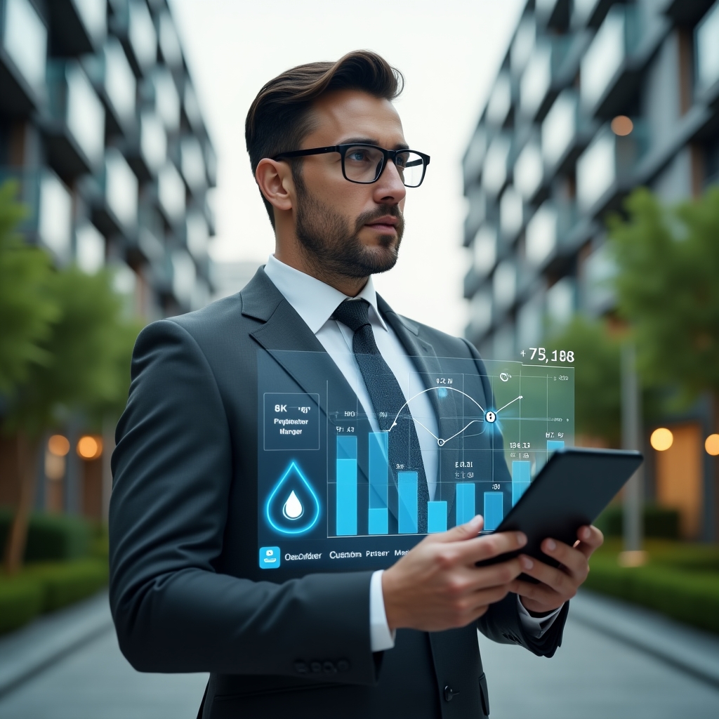 Ultra-realistic property manager in a charcoal gray business suit, set in a modern luxury condominium environment with high-rise buildings and lush green landscaping, holding a tablet displaying a holographic dashboard with water droplet, energy bolt, and recycling symbols, confidently reviewing sustainable metrics, cinematic lighting, shallow depth of field, highly detailed textures, realistic skin, photographic realism, 8k resolution --ar 1:1 --v 6