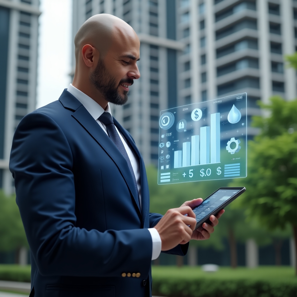 (Ultra-realistic condominium manager in a navy blue executive suit, set in a modern luxury condominium environment with high-rise buildings and lush green landscaping, medium shot of a confident professional reviewing a transparent holographic financial dashboard projected from a tablet, surrounded by floating icons of currency symbols, LED bulb, water droplet and gear for maintenance, cinematic lighting, shallow depth of field, highly detailed textures, realistic skin, photographic realism, 8k resolution --ar 1:1 --v 6)