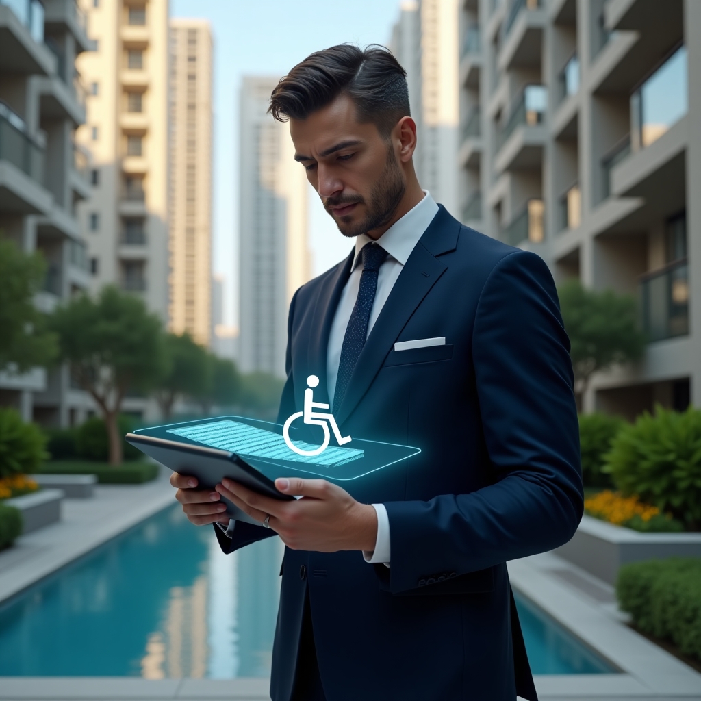 Ultra-realistic condominium manager in a tailored navy blue suit, set in a modern luxury condominium environment with high-rise buildings and lush green landscaping, examining a tablet projecting a holographic wheelchair ramp and tactile floor path, confident and thoughtful expression, cinematic lighting, shallow depth of field, highly detailed textures, realistic skin, photographic realism, 8k resolution --ar 1:1 --v 6