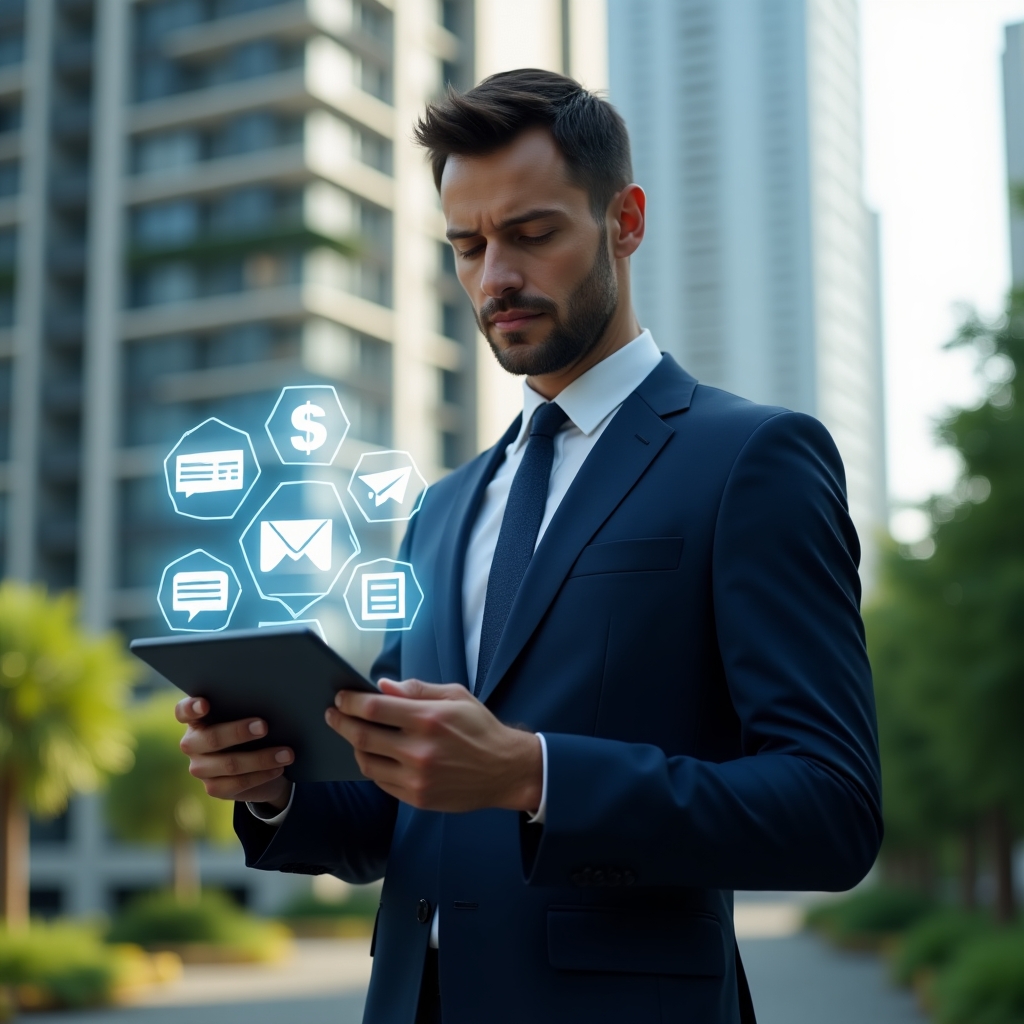 (Ultra-realistic condominium manager in a navy executive suit, set in a modern luxury condominium environment with high-rise buildings and lush green landscaping, mid shot of the professional holding a tablet displaying a holographic condominium management app interface with floating icons of finance, reservations and chat, confident and focused expression, cinematic lighting, shallow depth of field, highly detailed textures, realistic skin, photographic realism, 8k resolution --ar 1:1 --v 6)