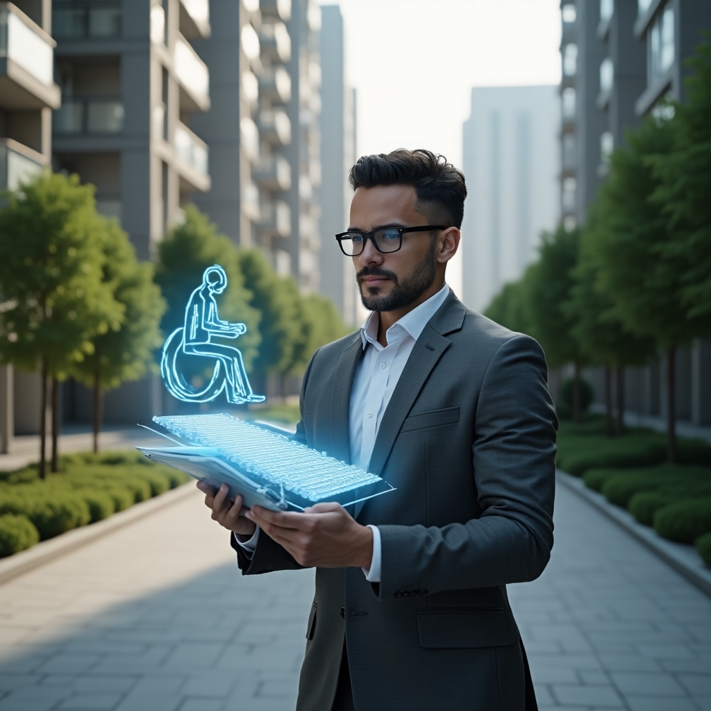 Ultra-realistic condominium manager in a charcoal gray suit, set in a modern luxury condominium environment with high-rise buildings and green landscaping, holding a digital tablet projecting a holographic ramp and tactile paving layout, confident and visionary expression, wheelchair accessibility icon hologram floating beside, cinematic lighting, shallow depth of field, highly detailed textures, realistic skin, photographic realism, 8k resolution --ar 1:1 --v 6