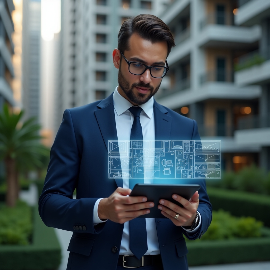 Ultra-realistic condominium manager in a tailored navy blue suit, set in a modern luxury condominium environment with high-rise buildings and meticulously landscaped greenery, mid shot of a confident professional reviewing a digital tablet with floating holographic condominium floor plans and financial charts, cinematic lighting, shallow depth of field, highly detailed textures, realistic skin, photographic realism, 8k resolution --ar 1:1 --v 6