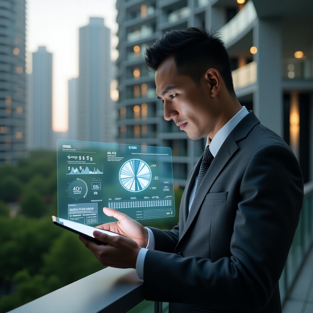 (Ultra-realistic condominium manager in a charcoal gray suit, set in a modern luxury condominium environment with high-rise buildings and green landscaping, examining a holographic pie chart representing ideal fraction calculations projected from a tablet, confident and focused expression, digital icons of financial graphs and voting ballots floating around, cinematic lighting, shallow depth of field, highly detailed textures, realistic skin, photographic realism, 8k resolution --ar 1:1 --v 6)