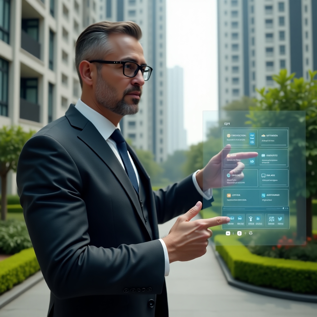 Ultra-realistic condominium manager in a charcoal tailored suit, set in a modern luxury condominium environment with high-rise buildings and manicured green gardens, medium shot, confidently pointing at a holographic interface displaying an online assembly agenda with voting icons and document thumbnails, cinematic lighting, shallow depth of field, highly detailed textures, realistic skin, photographic realism, 8k resolution --ar 1:1 --v 6