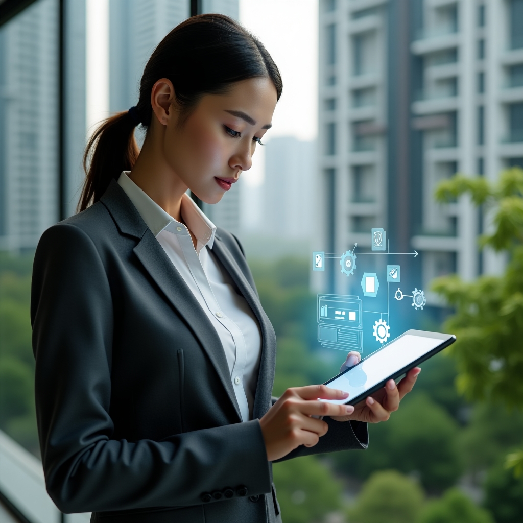 (Ultra-realistic female condominium manager in a charcoal-gray tailored suit, set in a modern luxury condominium environment with high-rise buildings and lush green landscaping, analyzing a holographic maintenance checklist projected from a tablet with floating gear and shield icons, confident and focused expression, cinematic lighting, shallow depth of field, highly detailed textures, realistic skin, photographic realism, 8k resolution --ar 1:1 --v 6)