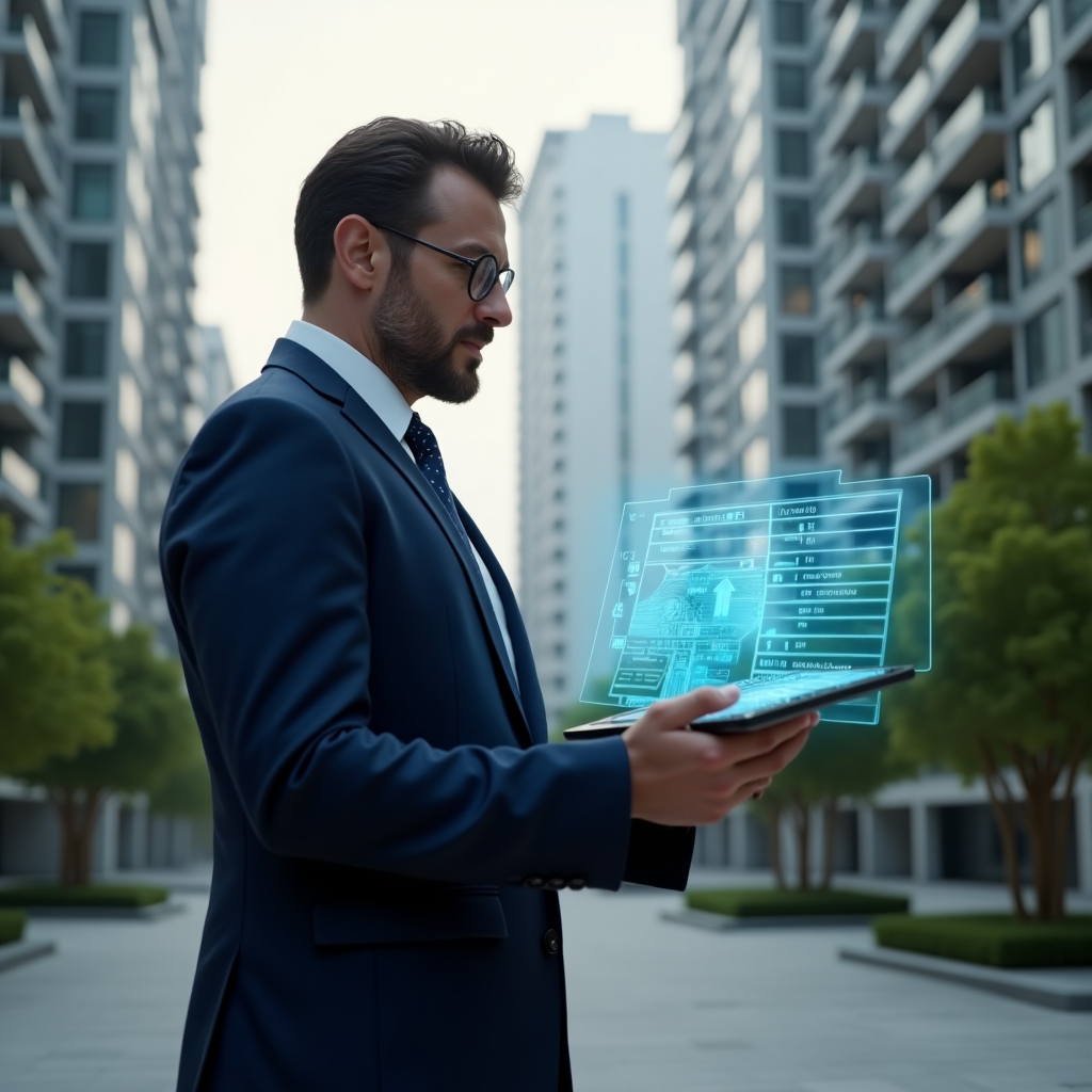 (Ultra-realistic condominium manager in a navy blue tailored suit, set in a modern luxury condominium environment with high-rise buildings and green landscaping, confidently holding a digital tablet projecting a holographic meeting agenda, cinematic lighting, shallow depth of field, highly detailed textures, realistic skin, photographic realism, 8k resolution --ar 1:1 --v 6)