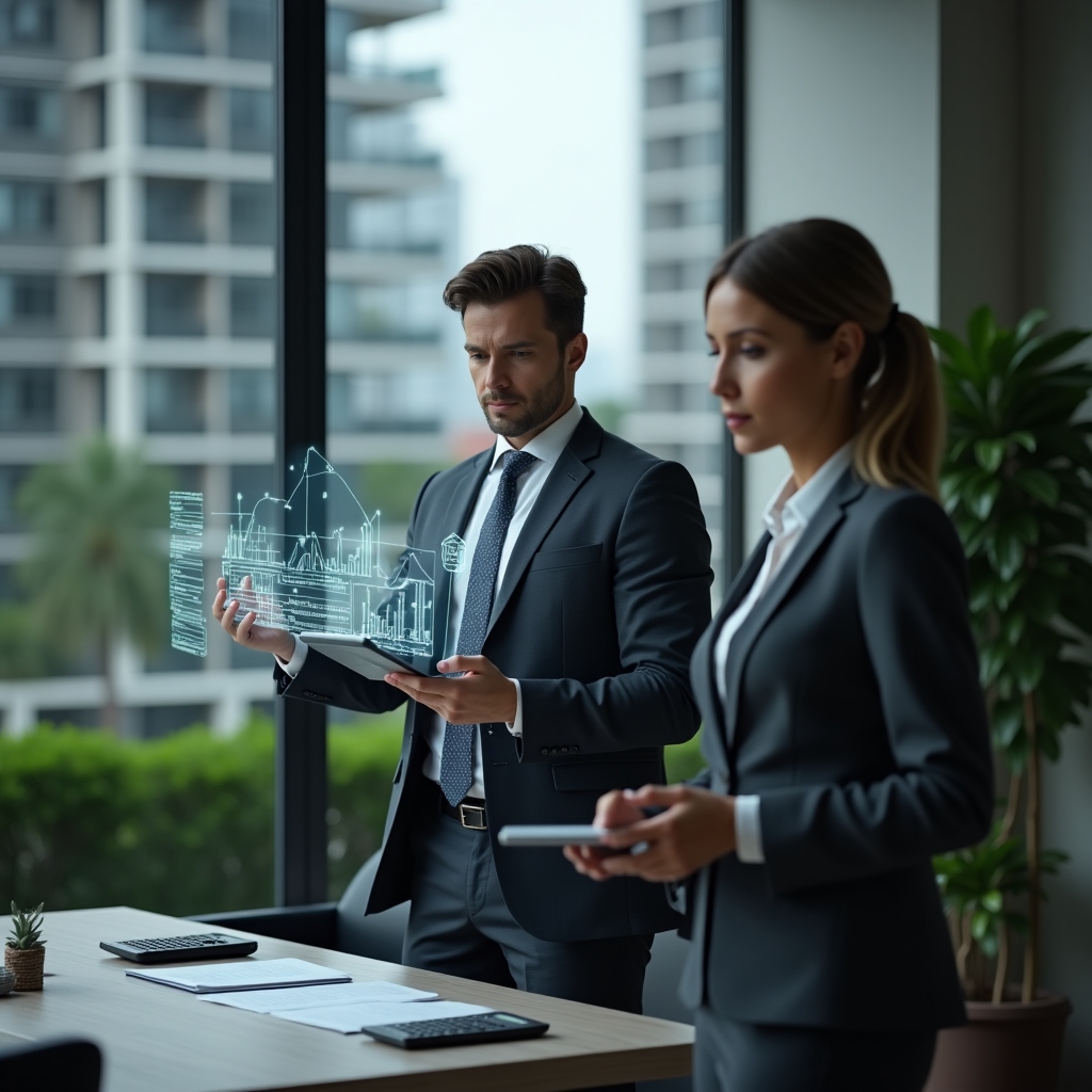 (Ultra-realistic condominium manager in a dark gray suit, set in a modern luxury condominium environment with high-rise buildings and manicured green landscaping, mid-shot of a thoughtful professional reviewing holographic tax forms and financial charts projected above a tablet, a calculator and papers on a sleek desk beside them, serious and focused expression, cinematic lighting, shallow depth of field, highly detailed textures, realistic skin, photographic realism, 8k resolution --ar 1:1 --v 6)