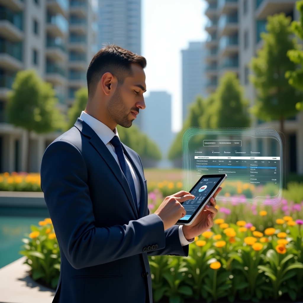 Ultra-realistic condominium manager in a navy blue suit, set in a modern luxury condominium environment with high-rise buildings and meticulously maintained green landscaping, examining a vibrant flower bed while holding a tablet displaying a holographic planting and maintenance schedule overlay, cinematic lighting, shallow depth of field, highly detailed textures, realistic skin, photographic realism, 8k resolution --ar 1:1 --v 6