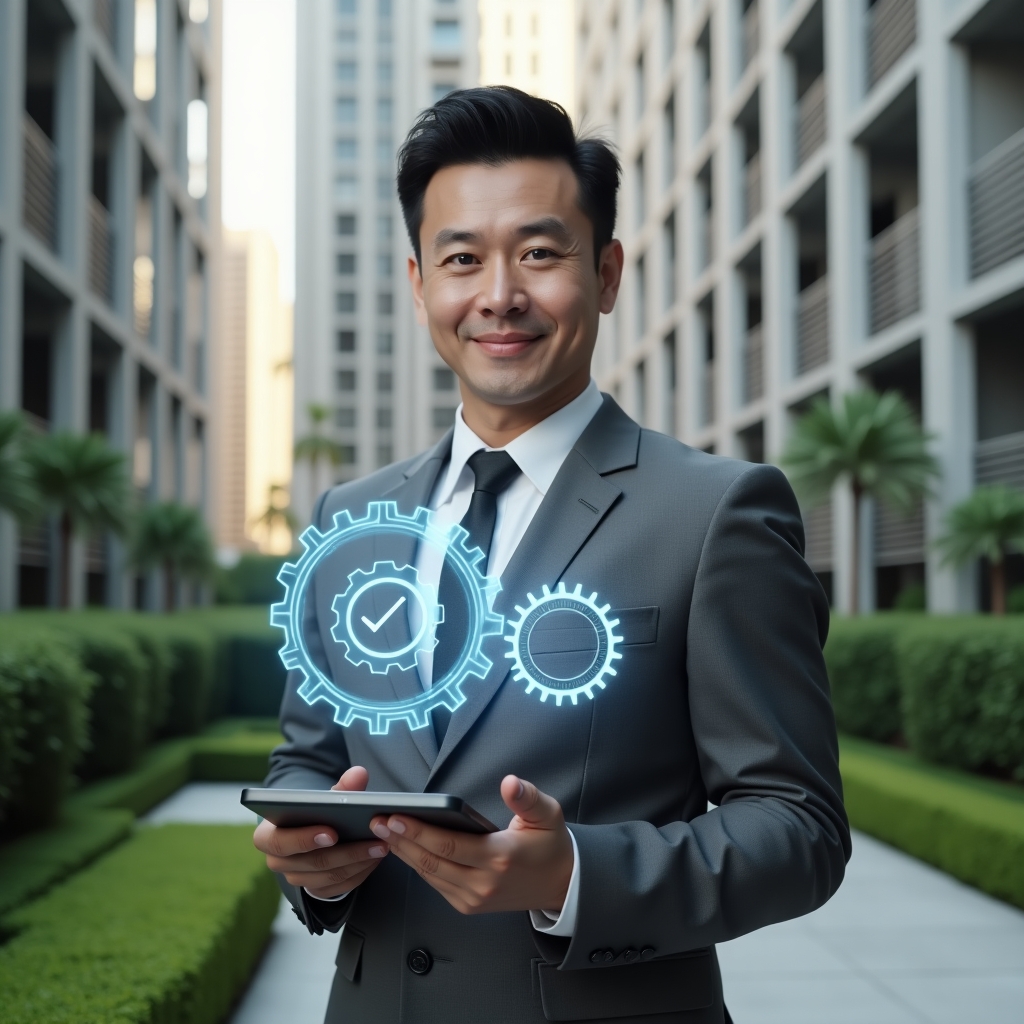 Ultra-realistic condominium manager in a tailored gray suit, set in a modern luxury condominium environment with high-rise buildings and manicured green landscaping, holding a tablet displaying a maintenance app interface with floating holographic gear and checklist icons, confident and focused expression, cinematic lighting, shallow depth of field, highly detailed textures, realistic skin, photographic realism, 8k resolution --ar 1:1 --v 6