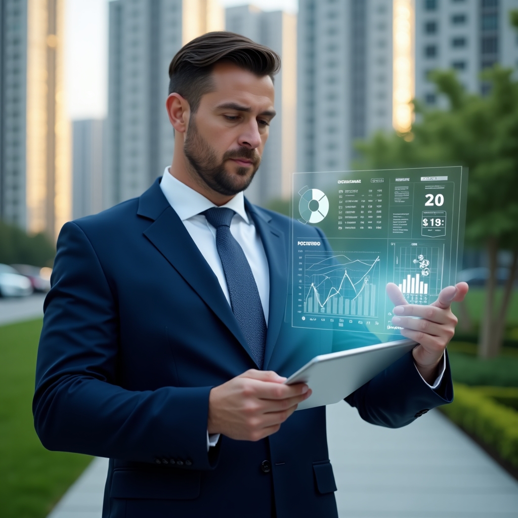 Ultra-realistic condominium manager in a navy blue executive suit, set in a modern luxury condominium environment with high-rise buildings and green landscaping, reviewing holographic financial charts on a transparent tablet while gesturing toward floating expense icons and pie graphs, confident and focused expression, cinematic lighting, shallow depth of field, highly detailed textures, realistic skin, photographic realism, 8k resolution --ar 1:1 --v 6