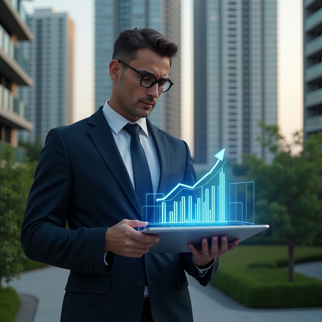 Ultra-realistic professional property manager in a dark navy suit, set in a modern luxury condominium environment with high-rise buildings and lush green landscaping, confidently reviewing financial graphs on a transparent holographic budget interface above a digital tablet, symbolizing cost reduction and supplier negotiation, cinematic lighting, shallow depth of field, highly detailed textures, realistic skin, photographic realism, 8k resolution --ar 1:1 --v 6