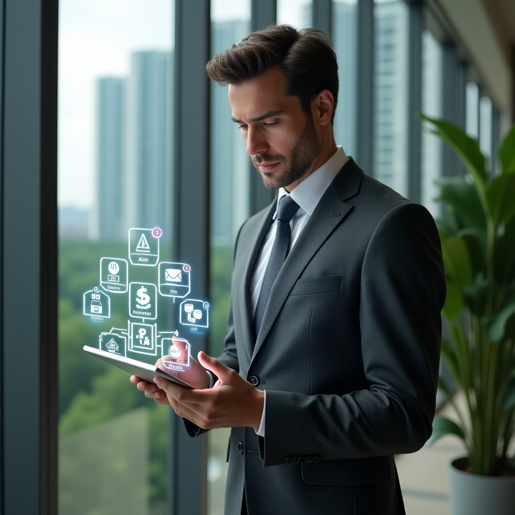 (Ultra-realistic condominium manager in a dark gray tailored suit, set in a modern luxury condominium environment with high-rise buildings and lush green landscaping visible through glass walls, holding a sleek tablet displaying a condo management app interface, pointing at holographic icons representing finances, maintenance and community alerts, confident and determined expression, cinematic lighting, shallow depth of field, highly detailed textures, realistic skin, photographic realism, 8k resolution --ar 1:1 --v 6)