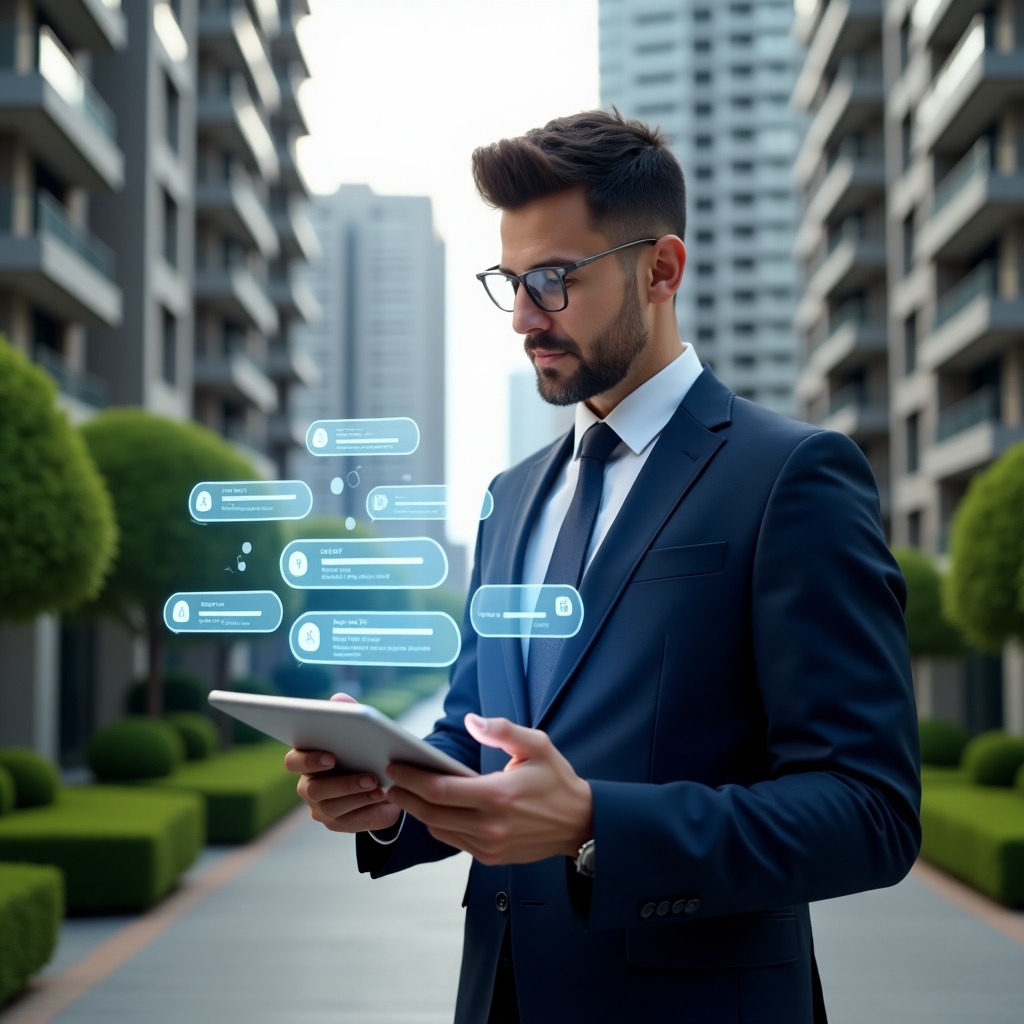 Ultra-realistic condominium manager in a navy blue executive suit, set in a modern luxury condominium environment with high-rise buildings and meticulously manicured green landscaping, confidently holding a tablet showcasing holographic chat bubbles, notification badges and secure voting icons, analyzing digital communications, cinematic lighting, shallow depth of field, highly detailed textures, realistic skin, photographic realism, 8k resolution --ar 1:1 --v 6