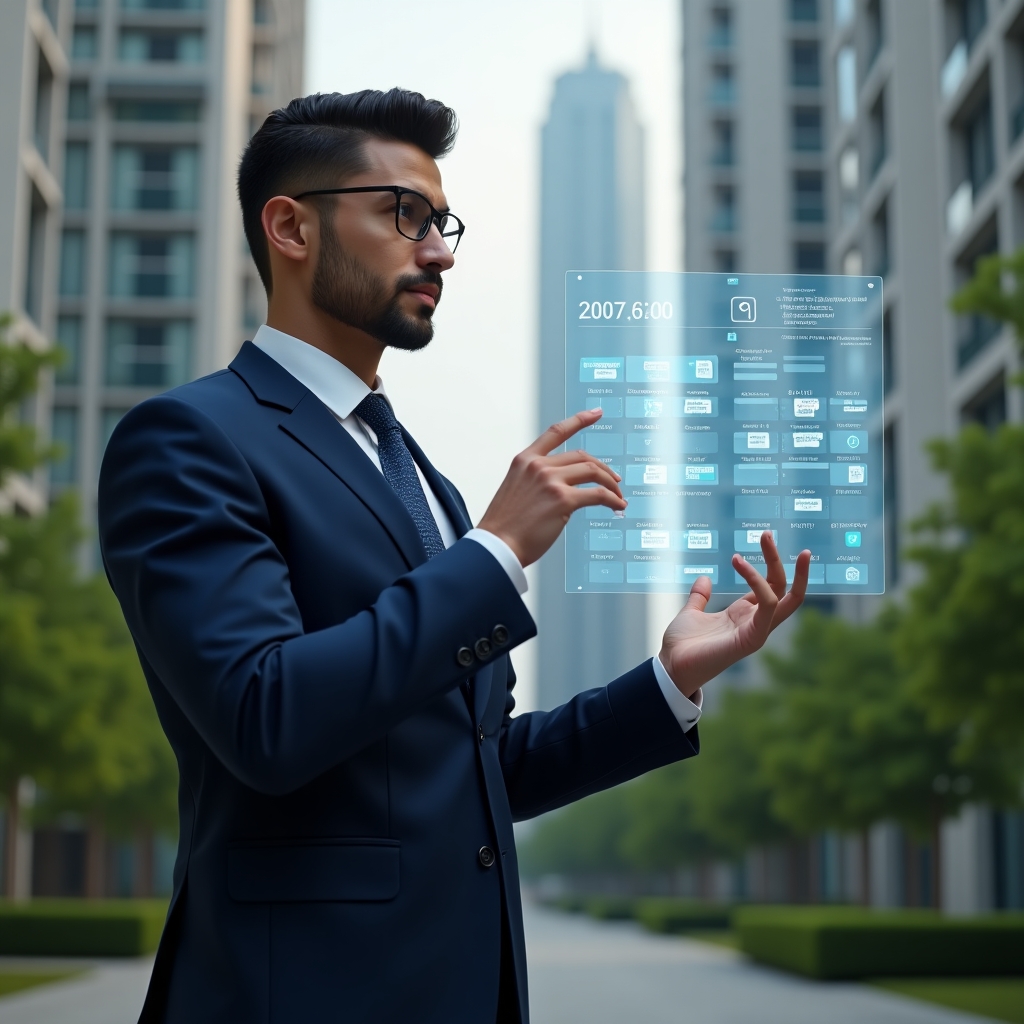 (Ultra-realistic condominium manager in a navy blue executive suit, set in a modern luxury condominium environment with high-rise buildings and meticulously maintained green landscaping, confidently interacting with a floating holographic reservation calendar interface showing marked time slots, calendar icons and reservation symbols hovering around, cinematic lighting, shallow depth of field, highly detailed textures, realistic skin, photographic realism, 8k resolution --ar 1:1 --v 6)