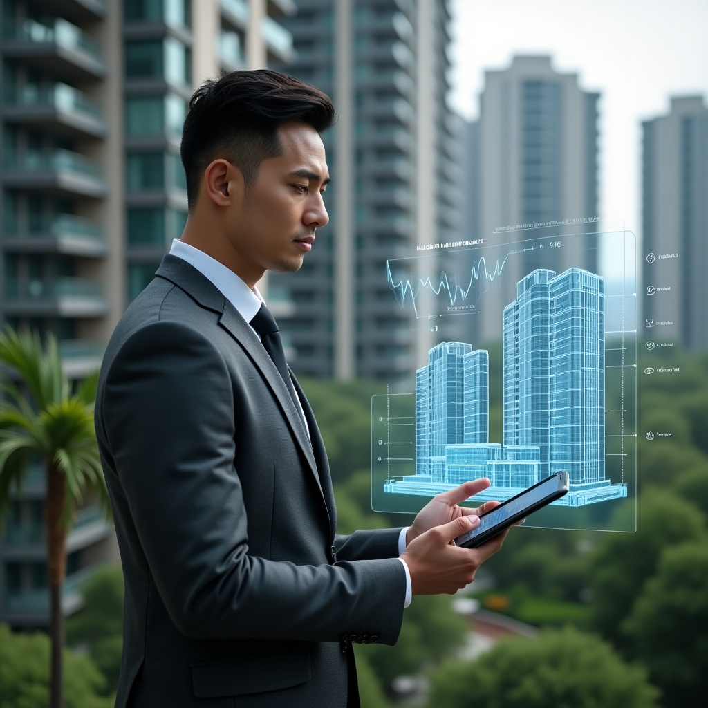 (Ultra-realistic condominium manager in a charcoal gray suit, set in a modern luxury condominium environment with high-rise buildings and lush green landscaping, holding a tablet and reviewing a holographic blueprint of building maintenance alongside floating financial graphs, confident and focused expression, cinematic lighting, shallow depth of field, highly detailed textures, realistic skin, photographic realism, 8k resolution --ar 1:1 --v 6)