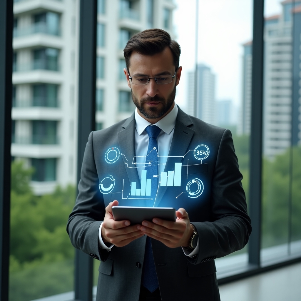 Ultra-realistic property manager in a charcoal gray suit, set in a modern luxury condominium environment with high-rise buildings and lush green landscaping visible through floor-to-ceiling windows, mid shot of the manager holding a tablet projecting holographic financial charts and five floating icons representing evaluate balances, set goals, project cash flow, monitor performance and app integration, confident and focused expression, cinematic lighting, shallow depth of field, highly detailed textures, realistic skin, photographic realism, 8k resolution --ar 1:1 --v 6