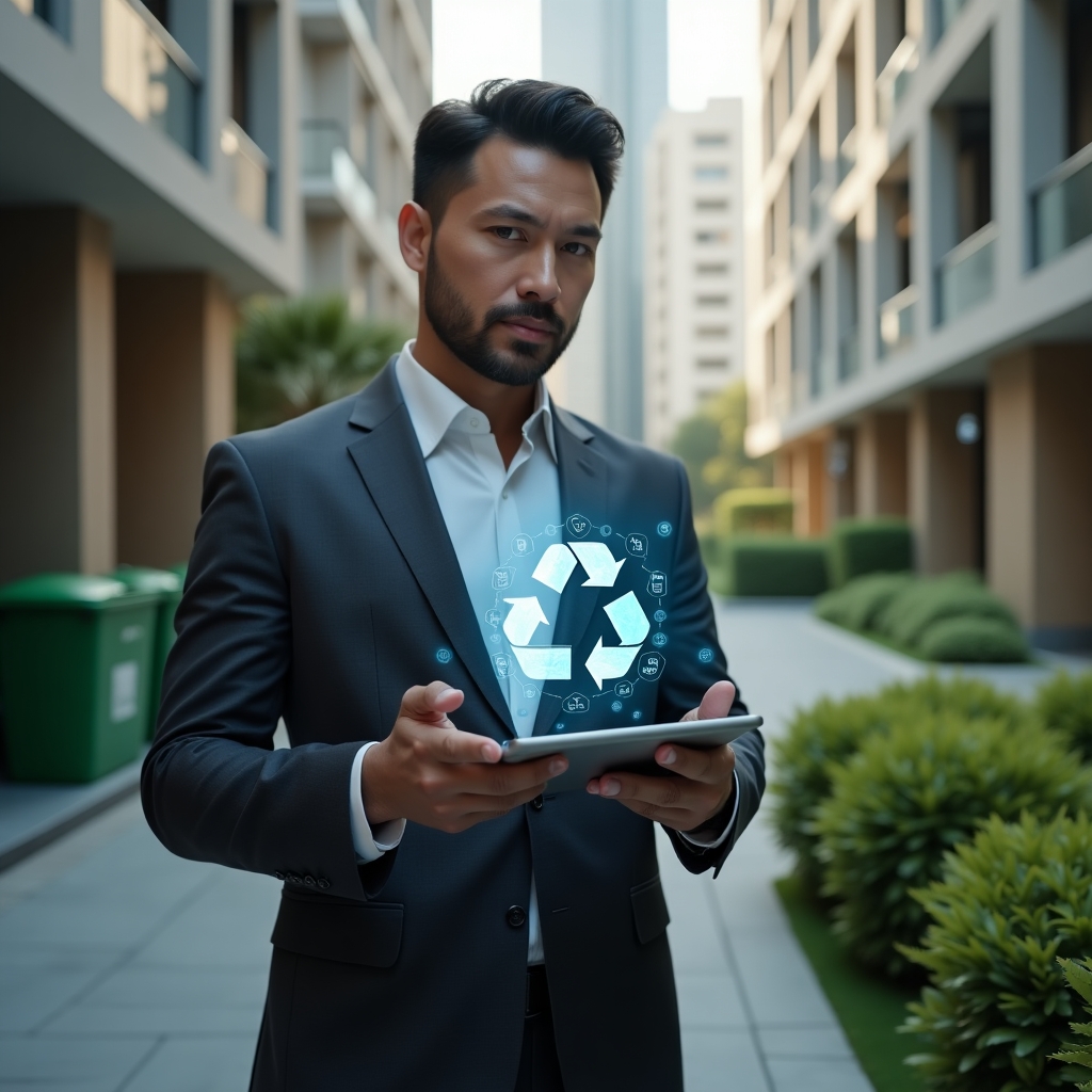 (Ultra-realistic property manager in a charcoal suit, set in a modern luxury condominium environment with high-rise buildings and manicured green landscaping, medium shot focusing on the manager holding a tablet displaying a holographic recycling symbol and composting icons, confident and thoughtful expression, color-coded recycling bins visible in the softly blurred background, cinematic lighting, shallow depth of field, highly detailed textures, realistic skin, photographic realism, 8k resolution --ar 1:1 --v 6)