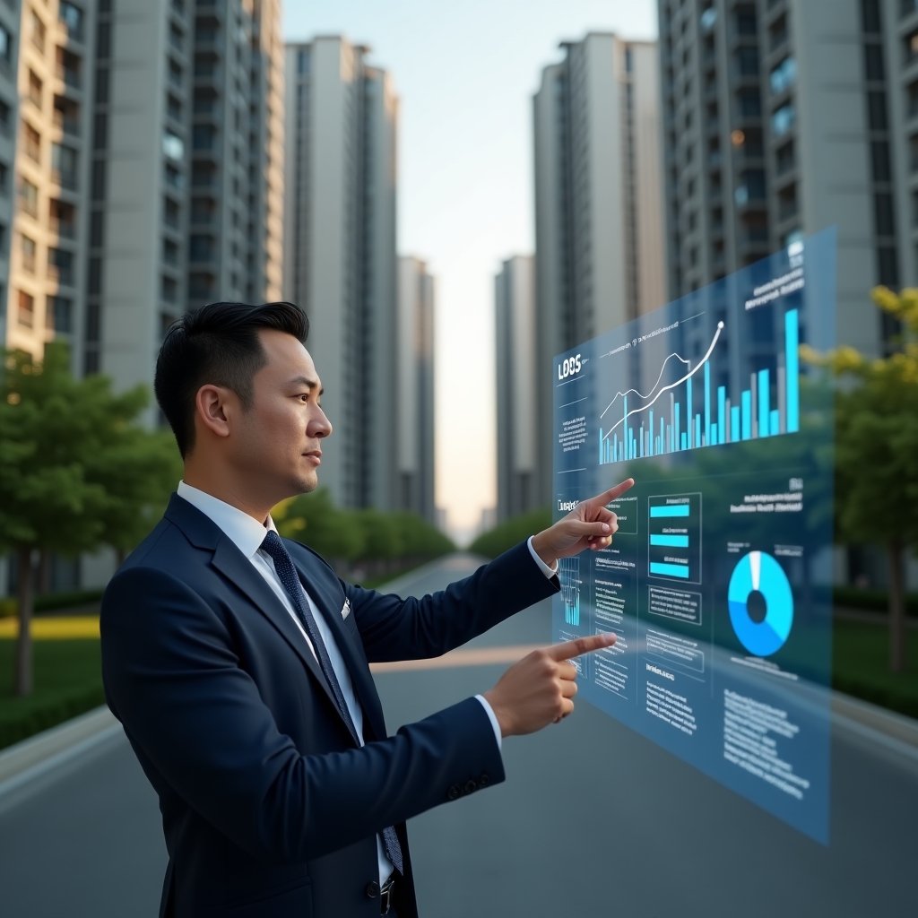 (Ultra-realistic condominium manager in a tailored navy blue suit, set in a modern luxury condominium environment with high-rise buildings and lush green landscaping, reviewing a holographic financial dashboard, pointing at floating bar charts and pie graphs, confident and focused expression, cinematic lighting, shallow depth of field, highly detailed textures, realistic skin, photographic realism, 8k resolution --ar 1:1 --v 6)