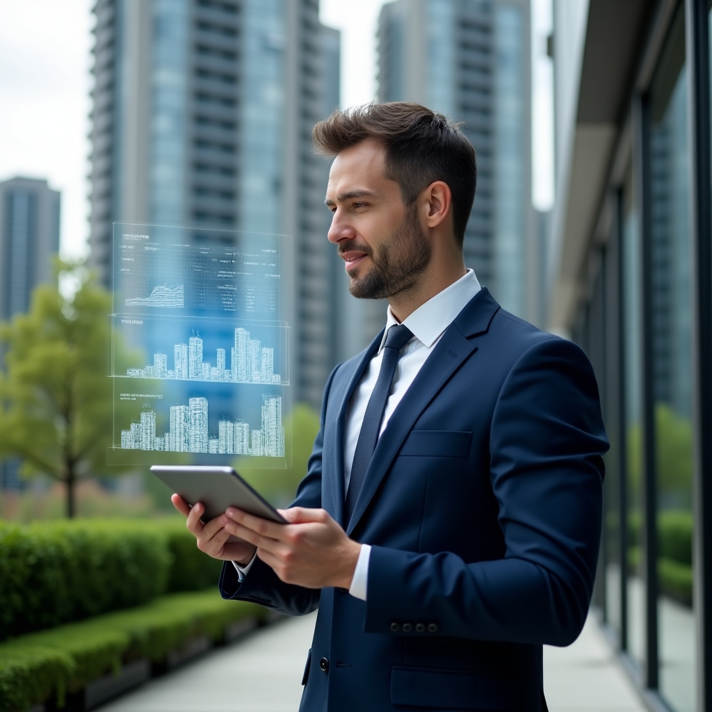 Ultra-realistic condominium property manager in a sleek navy blue suit, set in a modern luxury condominium environment with high-rise buildings and manicured green landscaping, holding a tablet and gesturing confidently toward semi-transparent holographic financial charts and graphs symbolizing online accounting transparency, cinematic lighting, shallow depth of field, highly detailed textures, realistic skin, photographic realism, 8k resolution --ar 1:1 --v 6