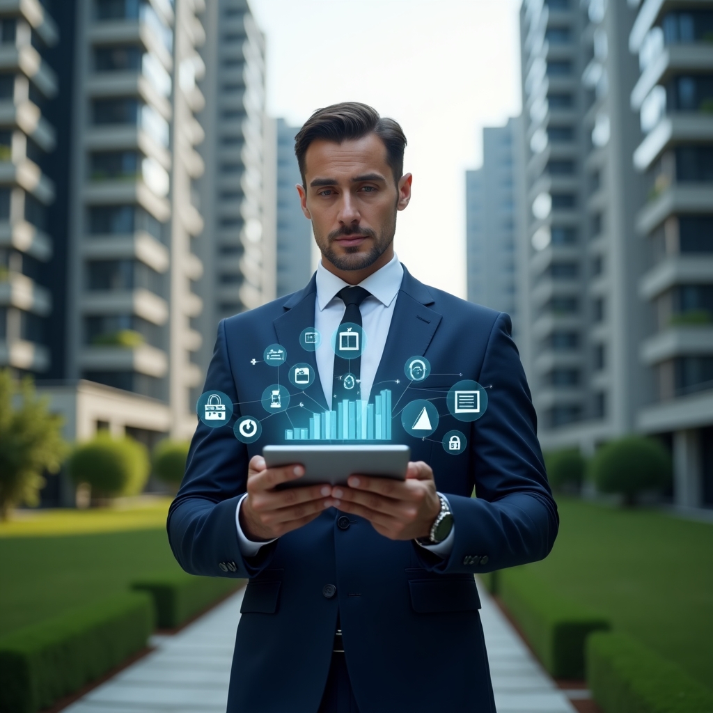 Ultra-realistic condominium manager in a navy blue suit, set in a modern luxury condominium environment with high-rise buildings and lush green landscaping, holding a tablet displaying holographic financial charts and reports, surrounded by floating digital icons of graphs, locks and documents symbolizing transparency, agility and economic efficiency, cinematic lighting, shallow depth of field, highly detailed textures, realistic skin, photographic realism, 8k resolution —ar 1:1 —v 6