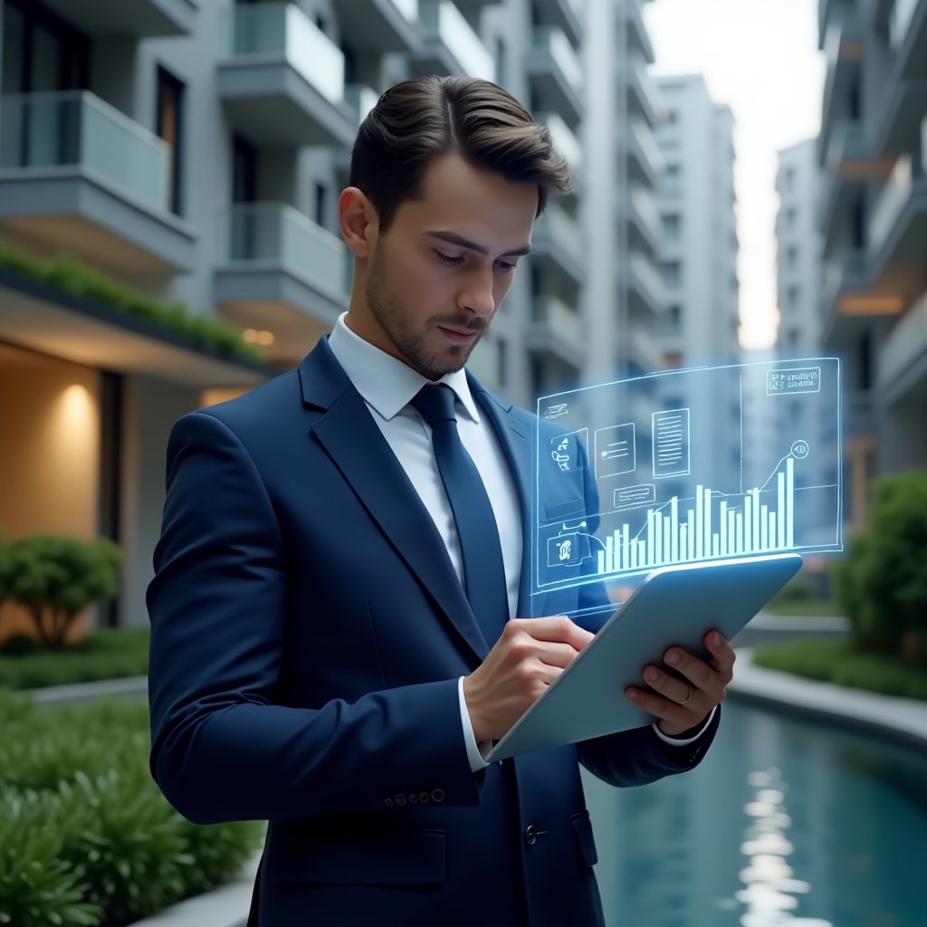 (Ultra-realistic condominium manager in a navy blue suit, set in a modern luxury condominium environment with high-rise buildings and green landscaping, reviewing a floating holographic financial report with graphs and document icons, confident and focused expression, cinematic lighting, shallow depth of field, highly detailed textures, realistic skin, photographic realism, 8k resolution --ar 1:1 --v 6)