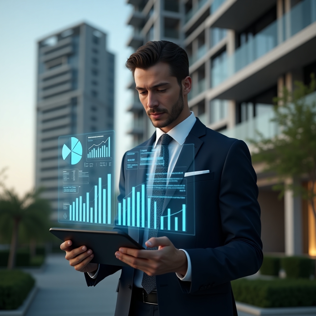 Ultra-realistic condominium manager in a navy suit, set in a modern luxury condominium environment with high-rise buildings and green landscaping, analyzing transparent financial reports projected as holographic pie charts and bar graphs on a tablet, confident expression, cinematic lighting, shallow depth of field, highly detailed textures, realistic skin, photographic realism, 8k resolution --ar 1:1 --v 6