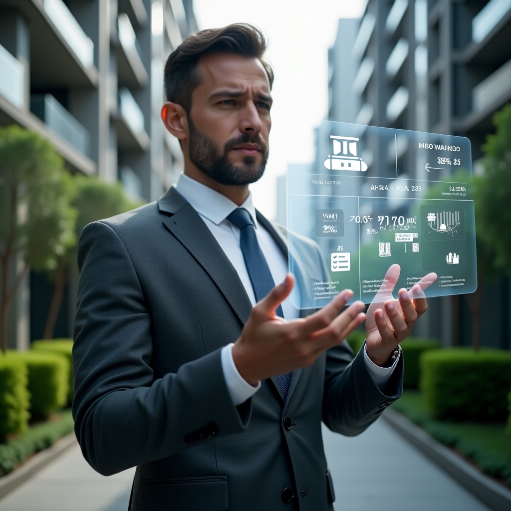 Ultra-realistic condominium manager in a tailored charcoal gray suit, set in a modern luxury condominium environment with high-rise buildings and manicured green landscaping, close-up of a confident manager interacting with a holographic dashboard displaying declining default rates, digital invoice and payment app icons floating around, cinematic lighting, shallow depth of field, highly detailed textures, realistic skin, photographic realism, 8k resolution --ar 1:1 --v 6