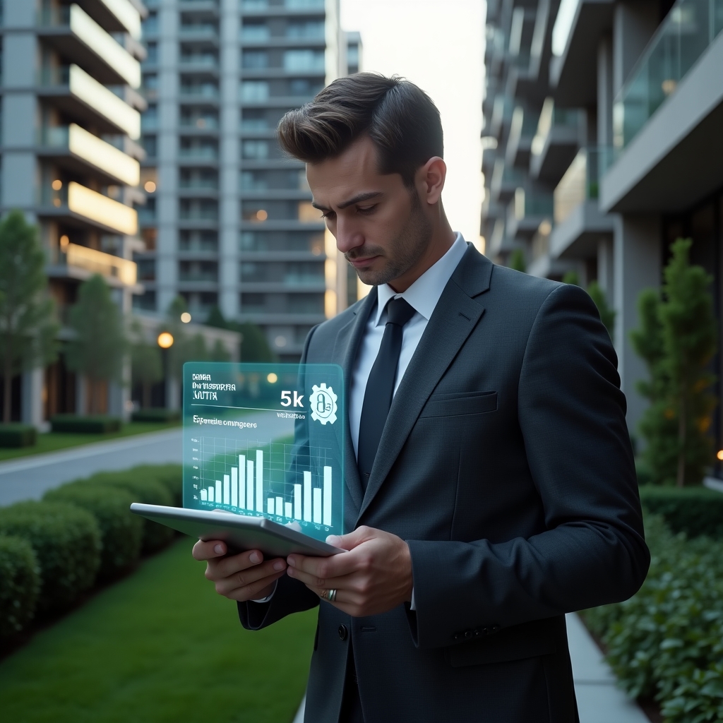 Ultra-realistic condominium manager in a charcoal tailored suit, set in a modern luxury condominium environment with high-rise buildings and manicured green landscaping, with a confident, thoughtful expression, analyzing a holographic financial dashboard projected from a sleek tablet, floating expense reduction graphs and efficiency icons, cinematic lighting, shallow depth of field, highly detailed textures, realistic skin, photographic realism, 8k resolution --ar 1:1 --v 6