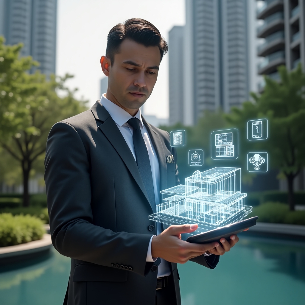 (Ultra-realistic condominium manager in a tailored charcoal grey suit, set in a modern luxury condominium environment with high-rise towers in the background and lush landscaped gardens, medium shot of the manager reviewing a digital renovation plan on a tablet with a glowing holographic apartment blueprint floating above it, accompanied by floating icons of building plans and a smartphone app logo, confident and analytical expression, cinematic lighting, shallow depth of field, highly detailed textures, realistic skin, photographic realism, 8k resolution --ar 1:1 --v 6)